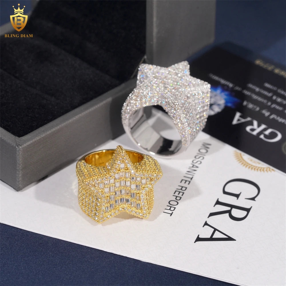 Moissanite Star Ring – D Color with GRA Certificate | 925 Sterling Silver Hip Hop Jewelry