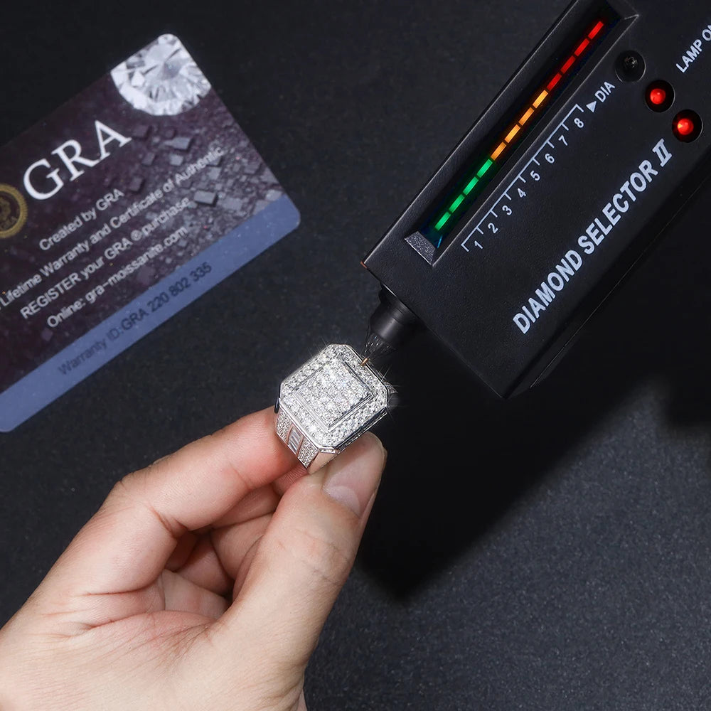 Moissanite Men's Ring – Square & Round Brilliant Cut Hip Hop Design | 925 Sterling Silver VVS Statement Jewelry