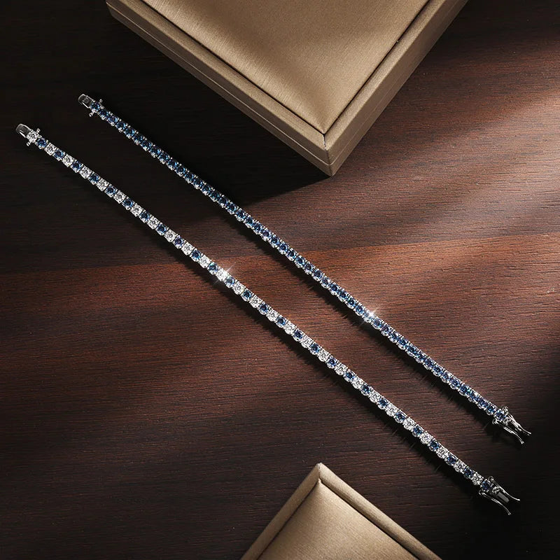 Moissanite Tennis Bracelet – 3mm 4mm Blue Lab Grown Diamond with Certificate | 925 Sterling Silver 18K Gold Plated Bracelet for Women & Men