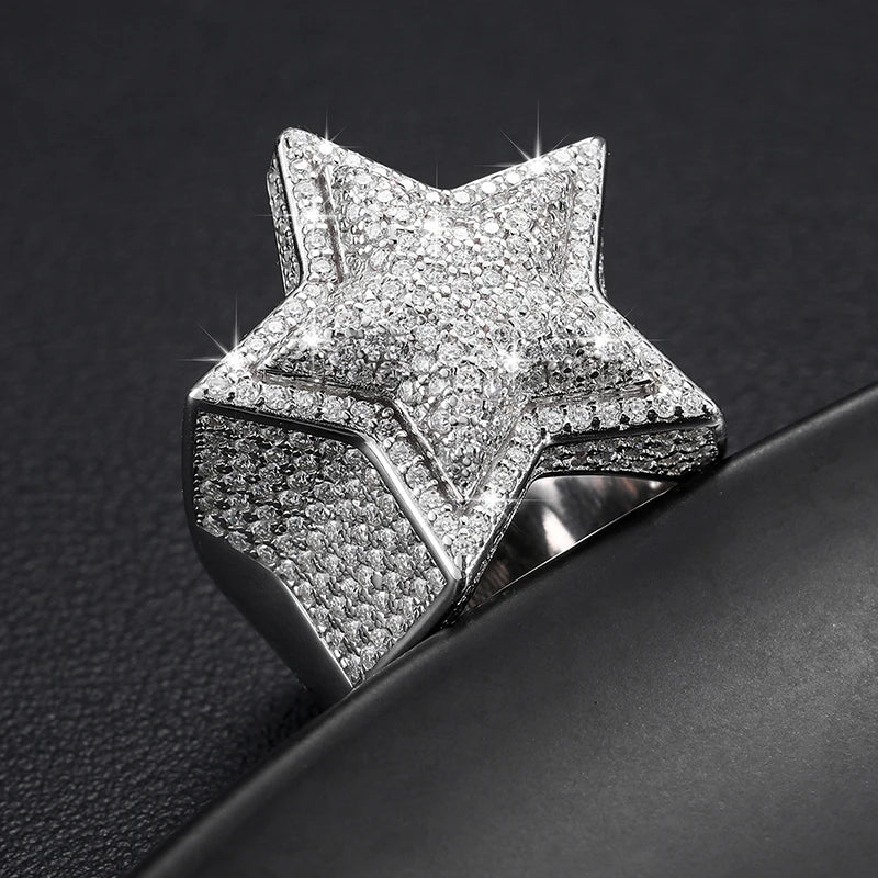 Moissanite Star Ring – D VVS Five-Star Design | S925 Sterling Silver Luxury Hip Hop Jewelry for Men & Women