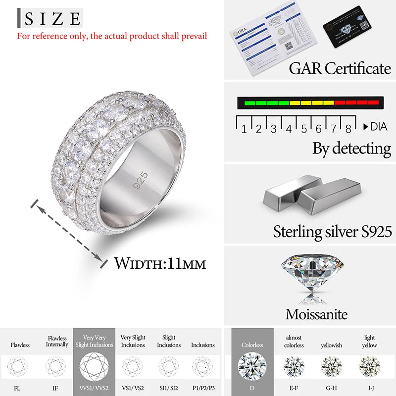 Moissanite Ring – VVS1 11mm 3-Row Pave | S925 Sterling Silver Hip Hop Jewelry