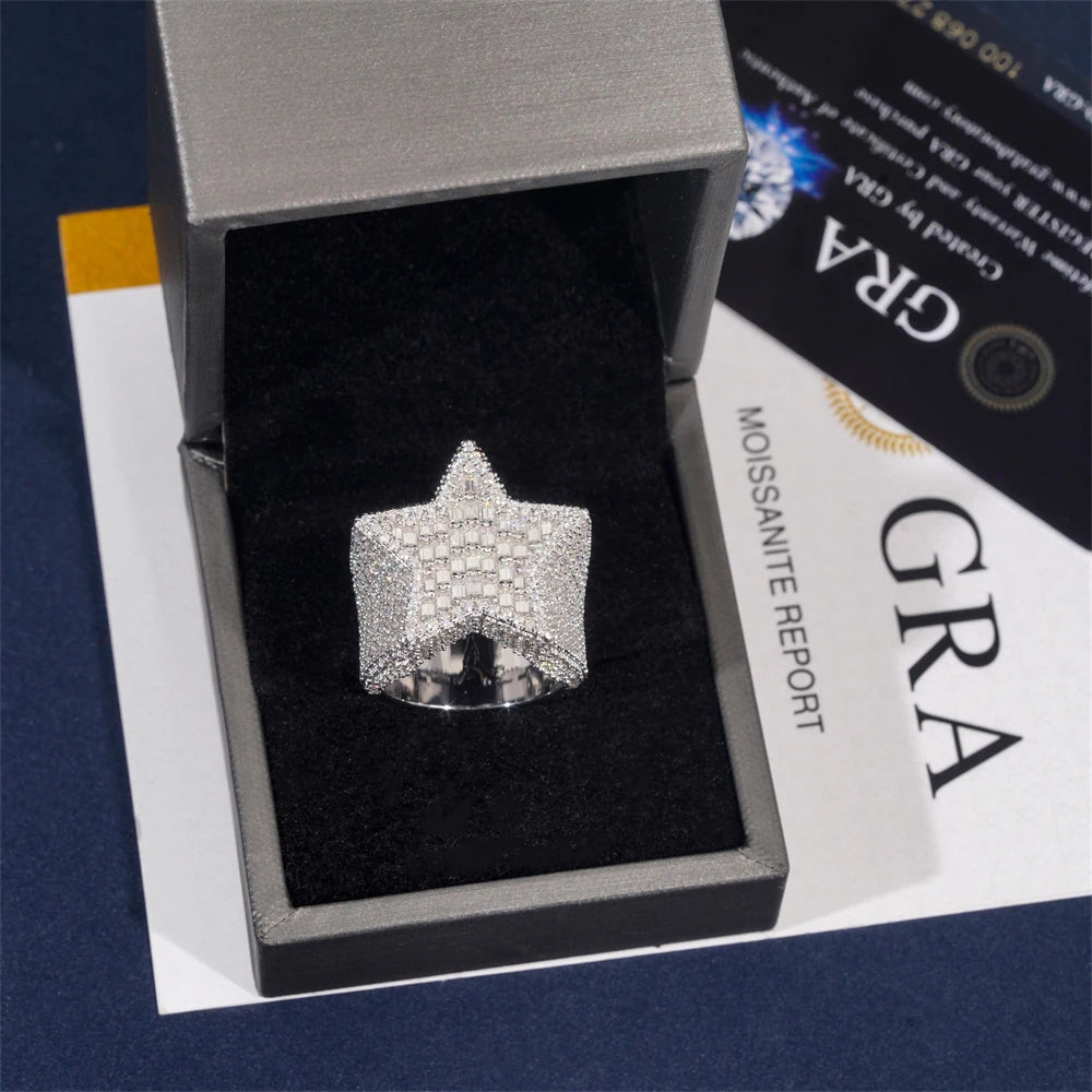 Moissanite Star Ring – D Color with GRA Certificate | 925 Sterling Silver Hip Hop Jewelry