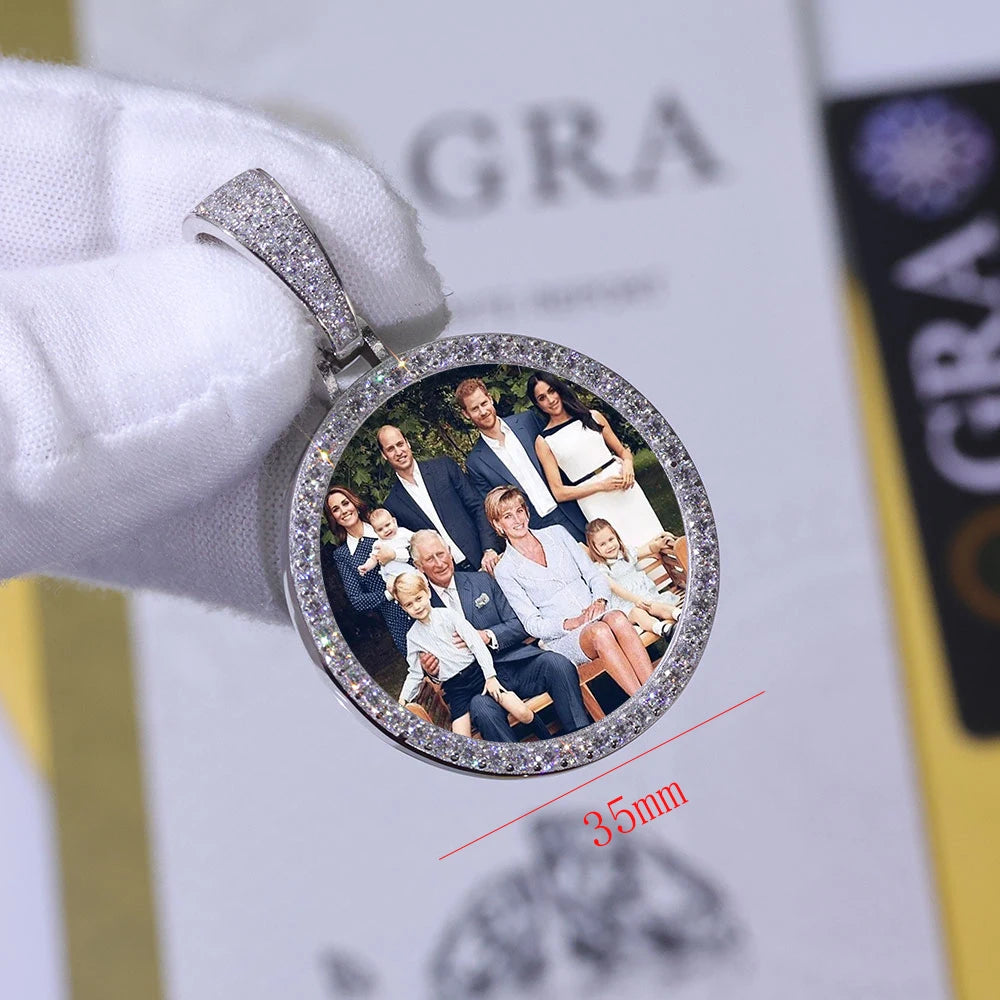 Moissanite Photo Pendant – Custom Circle Picture Chain | 925 Sterling Silver Hip Hop D Color VVS Diamond Pendant Necklace for Men & Women