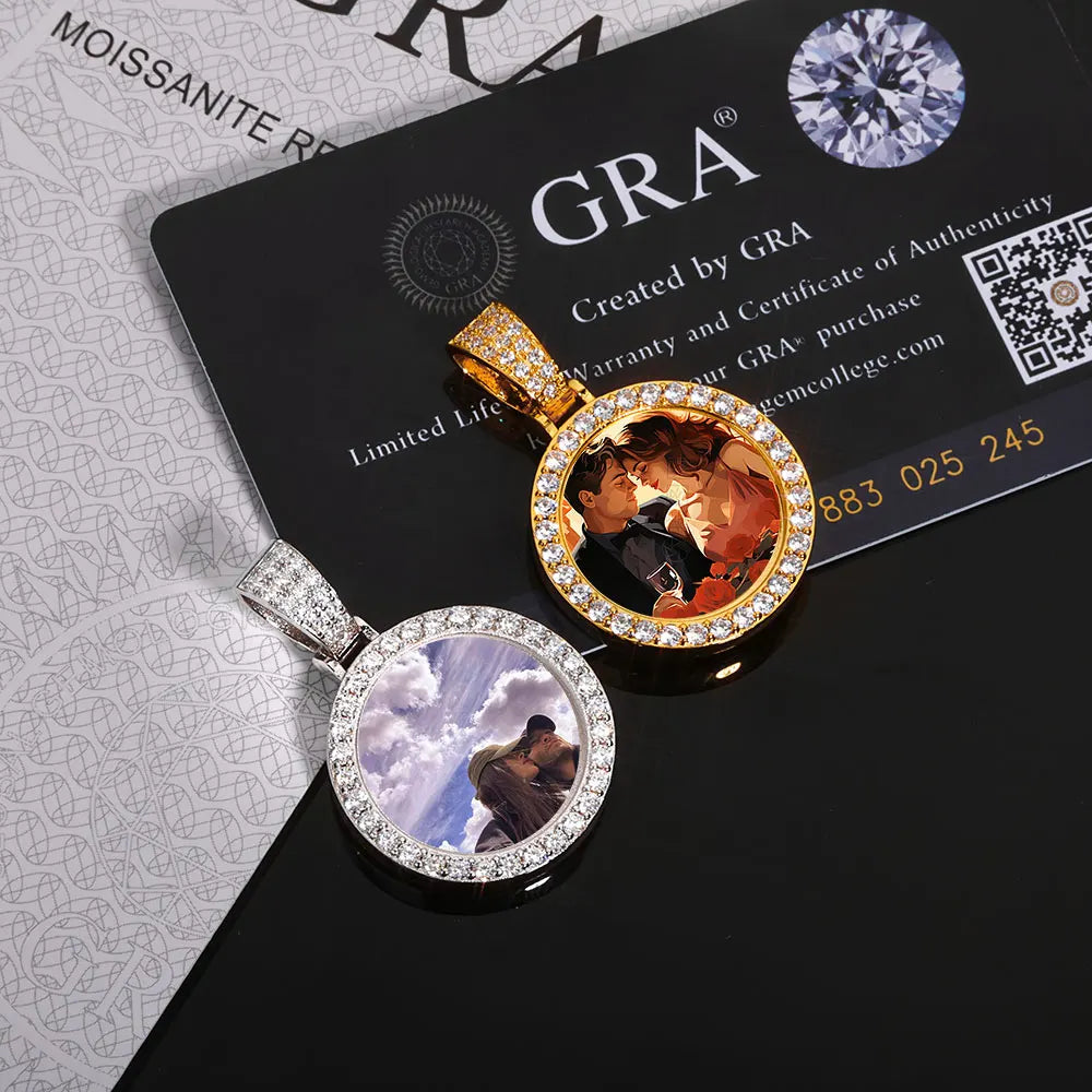 Moissanite Custom Photo Pendant Necklace – Circle Memory Medallion | 925 Sterling Silver Personalized Picture Chain for Men