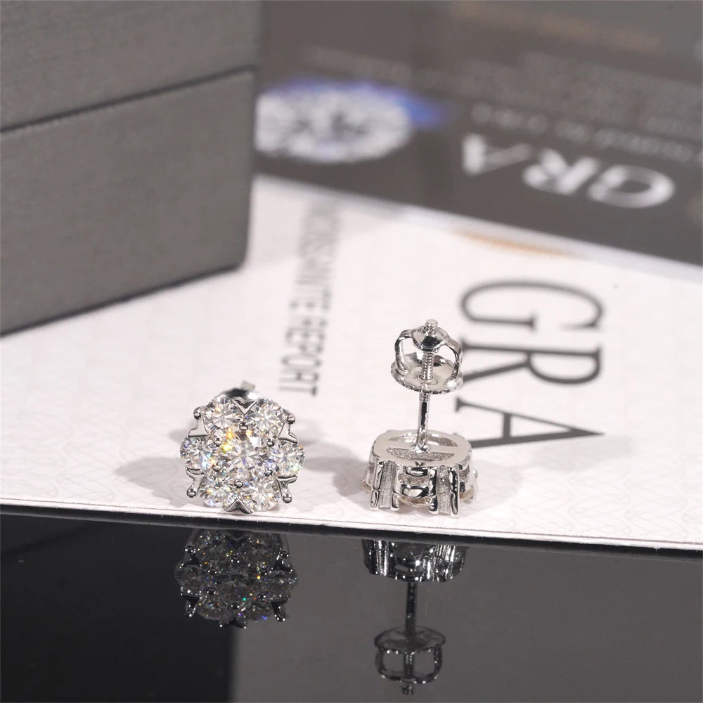 Moissanite Flower Stud Earrings – D Color with Certificate | 925 Sterling Silver Wedding Jewelry Gift for Women