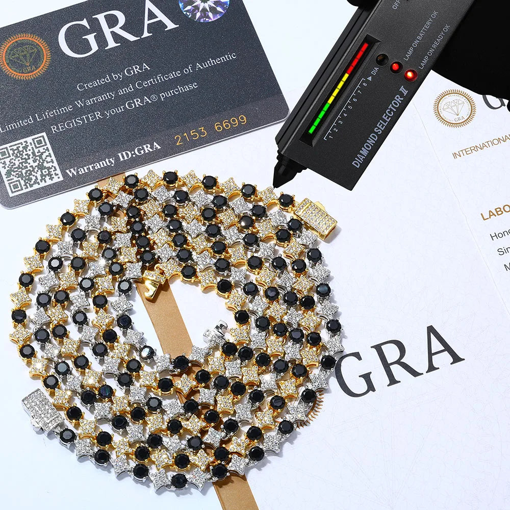 Moissanite Star Tennis Chain Necklace – Custom Black & White Iced Out VVS Bling Party Wedding Gift | 925 Sterling Silver Jewelry