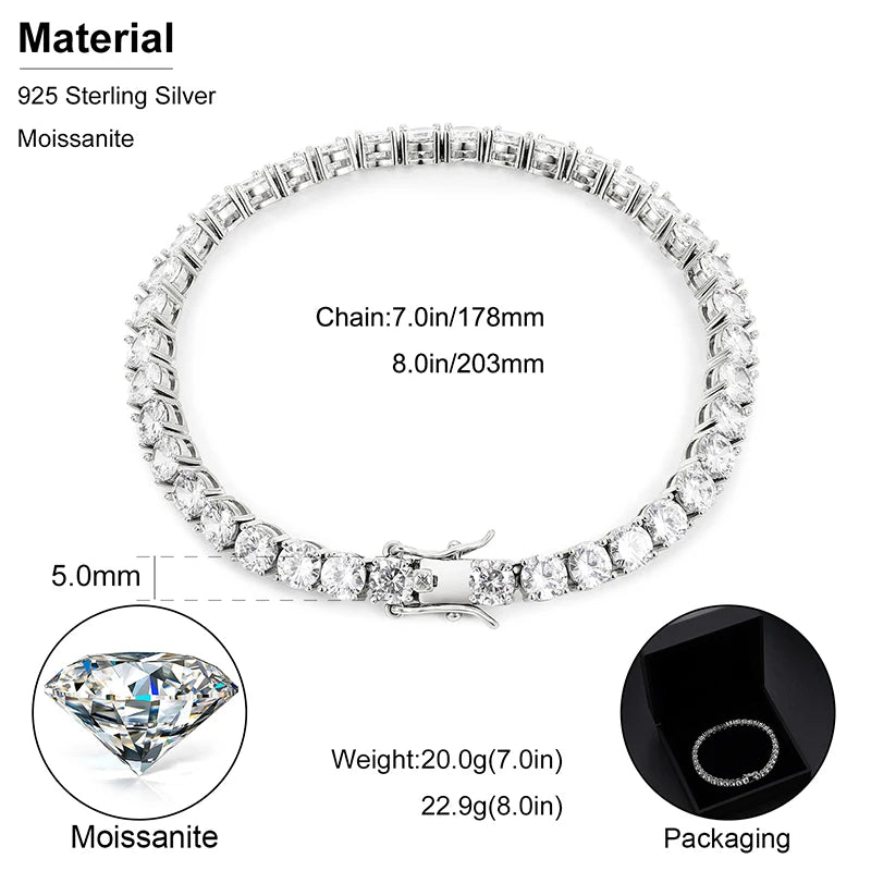 Moissanite Tennis Bracelet – D VVS1 | S925 Sterling Silver 18K White Gold Plated Jewelry for Men & Women