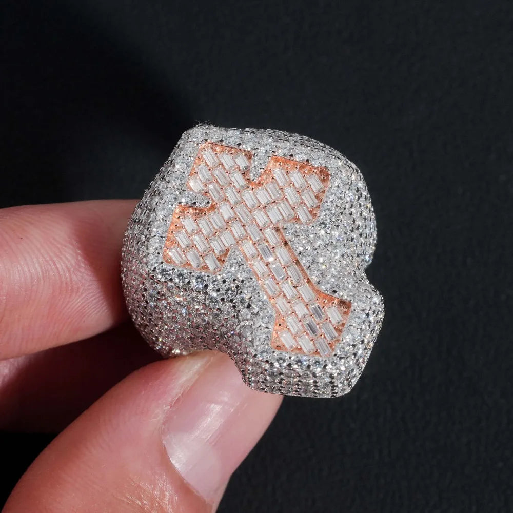 Moissanite Cross Ring – Hip Hop Iced Baguette Design with GRA Certificate | 925 Sterling Silver Diamond Party Jewelry Gift for Men & Women