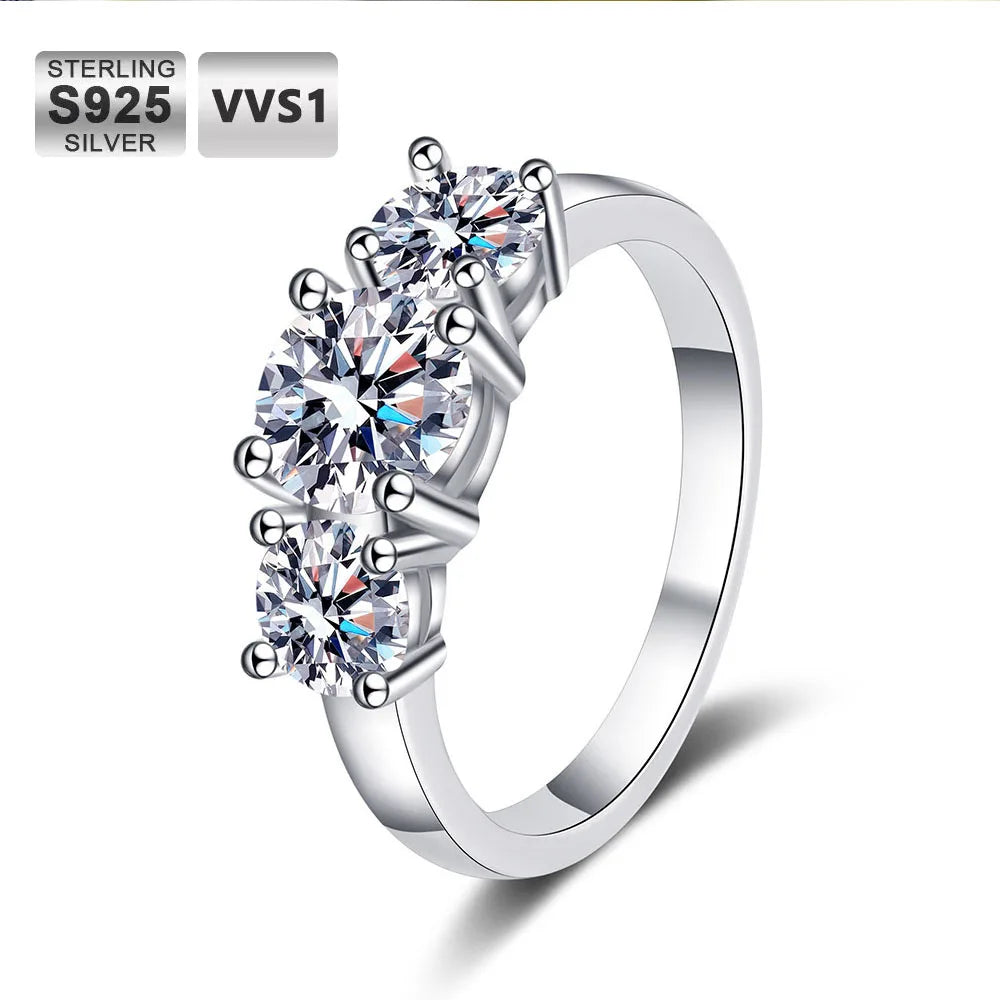 Moissanite Engagement Ring – 2ct D Color VVS1 Round Brilliant Cut | 3-Stone 925 Sterling Silver Wedding Ring for Women