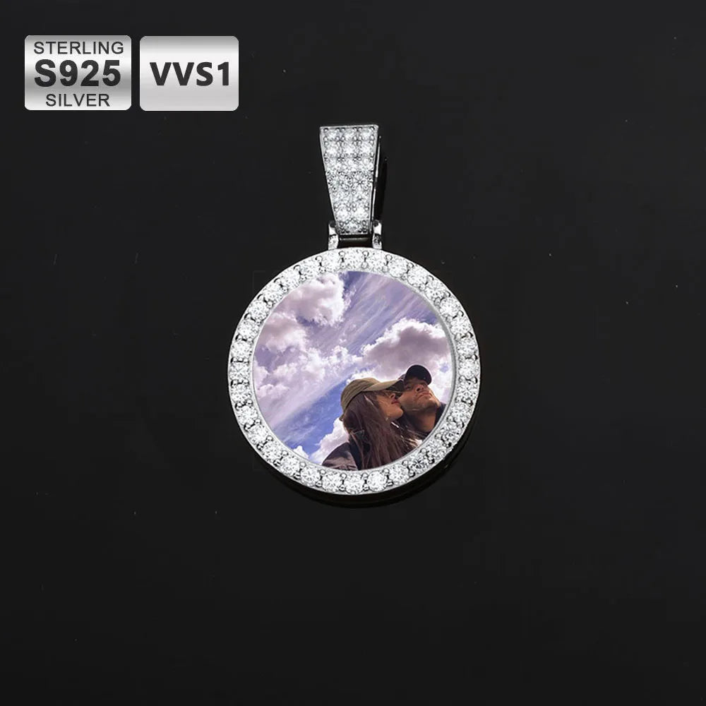 Moissanite Custom Photo Pendant Necklace – Circle Memory Medallion | 925 Sterling Silver Personalized Picture Chain for Men