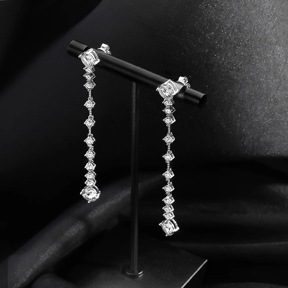 Moissanite Drop Earrings – 6cttw Long Dangle Design with GRA | 925 Sterling Silver Lab Diamond Bridal Wedding Jewelry for Women