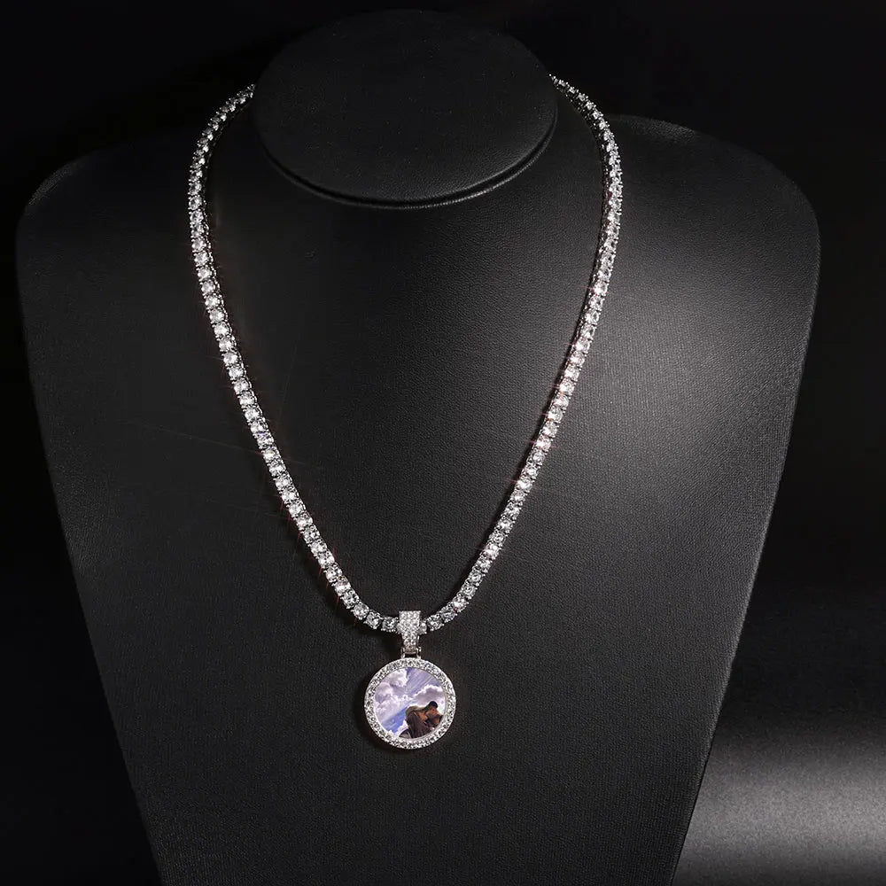 Moissanite Custom Photo Pendant Necklace – Circle Memory Medallion | 925 Sterling Silver Personalized Picture Chain for Men