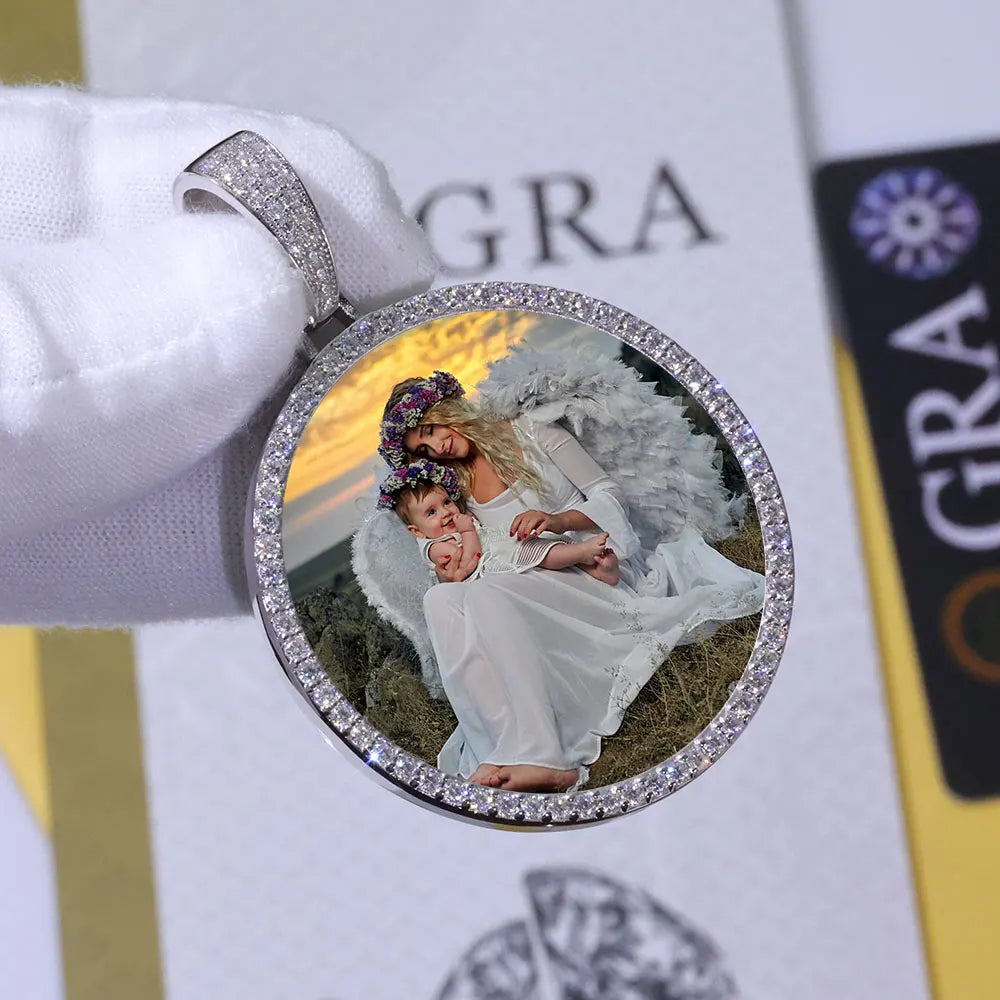 Moissanite Photo Pendant – Custom Circle Picture Chain | 925 Sterling Silver Hip Hop D Color VVS Diamond Pendant Necklace for Men & Women