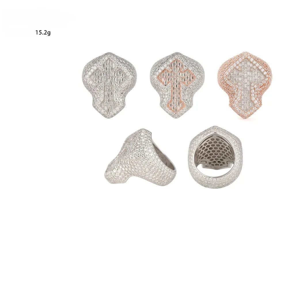 Moissanite Cross Ring – Hip Hop Iced Baguette Design with GRA Certificate | 925 Sterling Silver Diamond Party Jewelry Gift for Men & Women