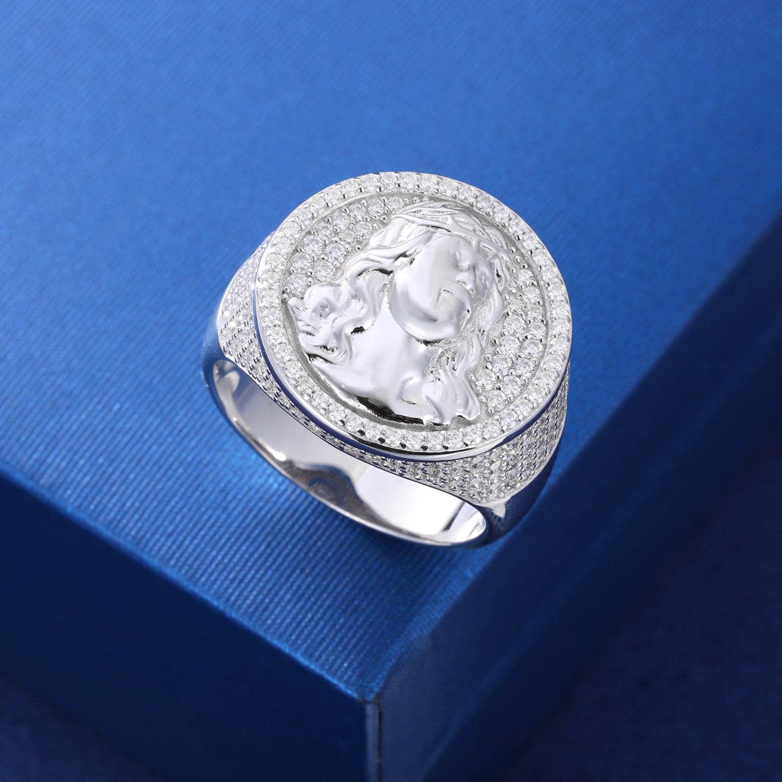 Moissanite Jesus Head Ring – Iced Out Religious Amulet | 925 Sterling Silver Hip Hop Jewelry for Men & Women