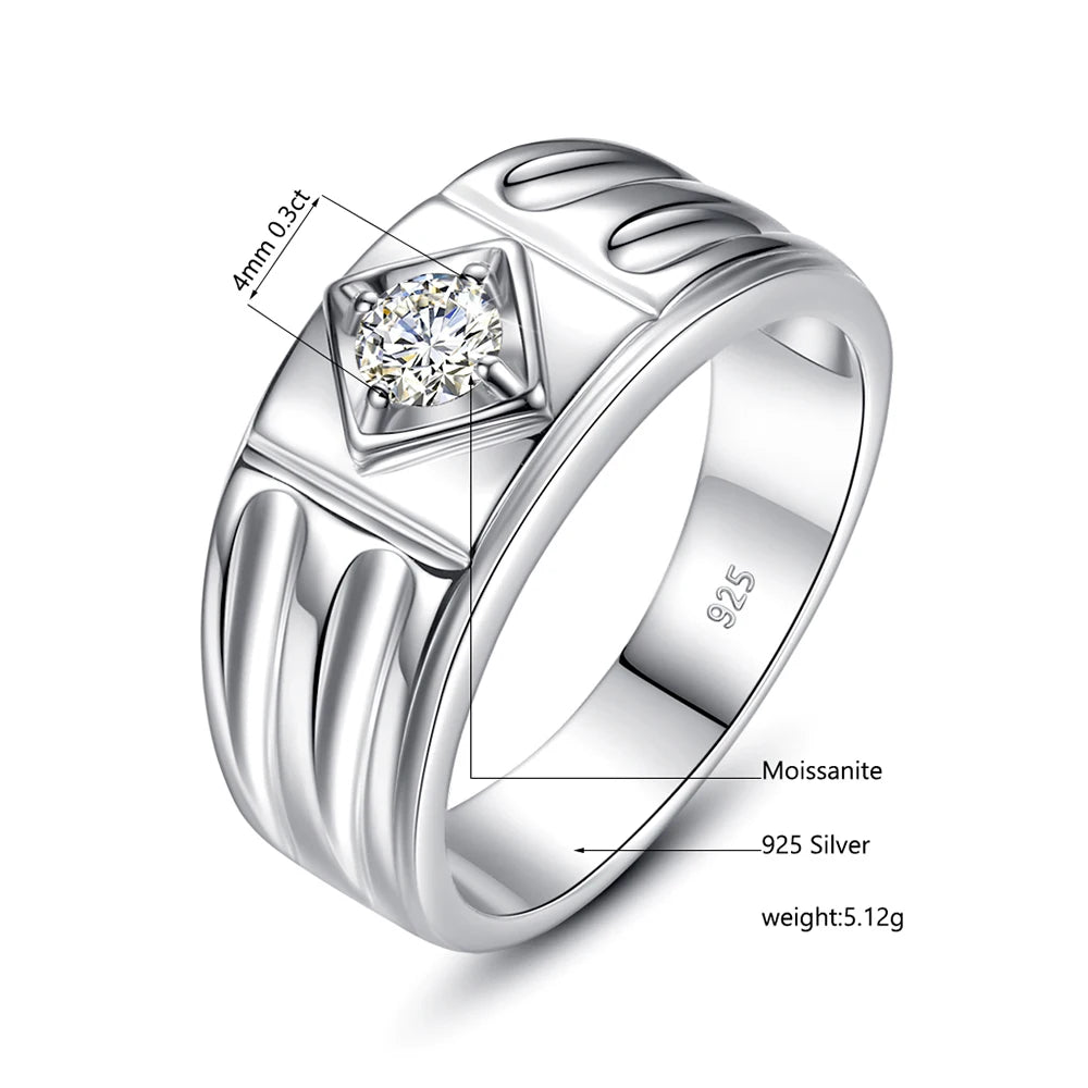 Moissanite Ring for Men – D Color Luxury Engagement Wedding Jewelry with Certificate | 925 Sterling Silver Male Ring
