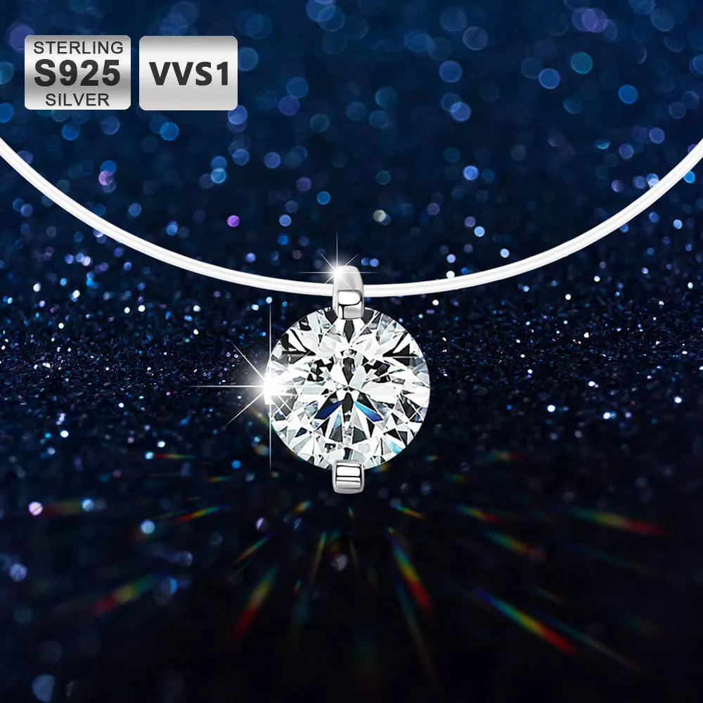 Moissanite Necklace for Women – 0.5ct 1ct 2ct 3ct Certified Brilliant Cut Pendant | Sparkling Fishing Line Design Pure 925 Sterling Silver