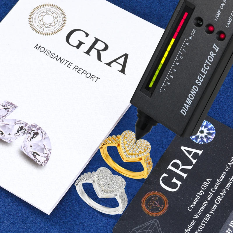 Moissanite Cuban Ring – Full Diamond Heart Design GRA Certified | 925 Sterling Silver Hip Hop Band Ring Jewelry for Men & Women