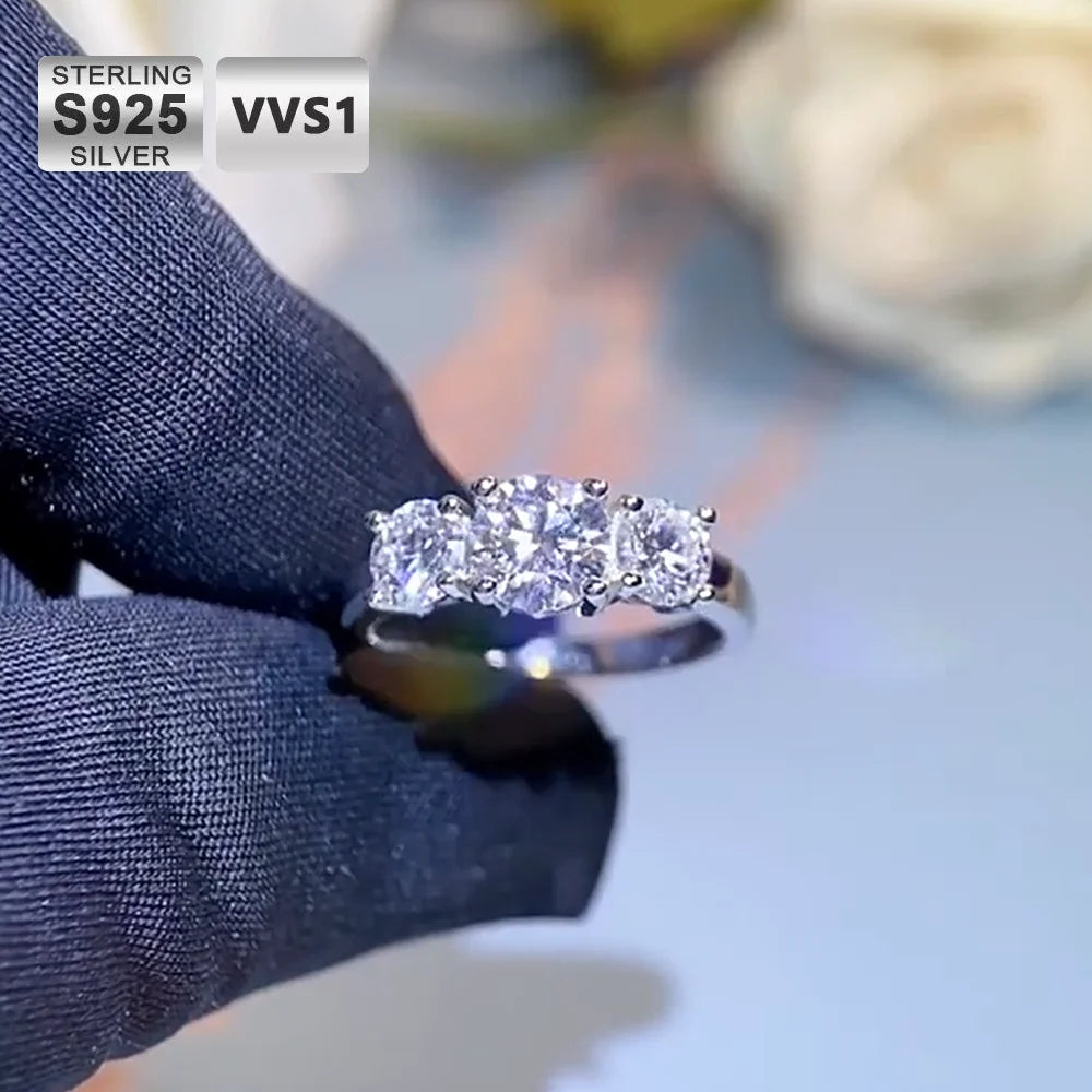 Moissanite Engagement Ring – 2ct D Color VVS1 Round Brilliant Cut | 3-Stone 925 Sterling Silver Wedding Ring for Women