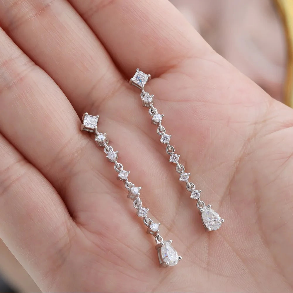 Moissanite Drop Earrings – Pear Cut Lab Diamond Bridal Wedding Jewelry with GRA | 925 Sterling Silver Long Hanging Earrings for Women