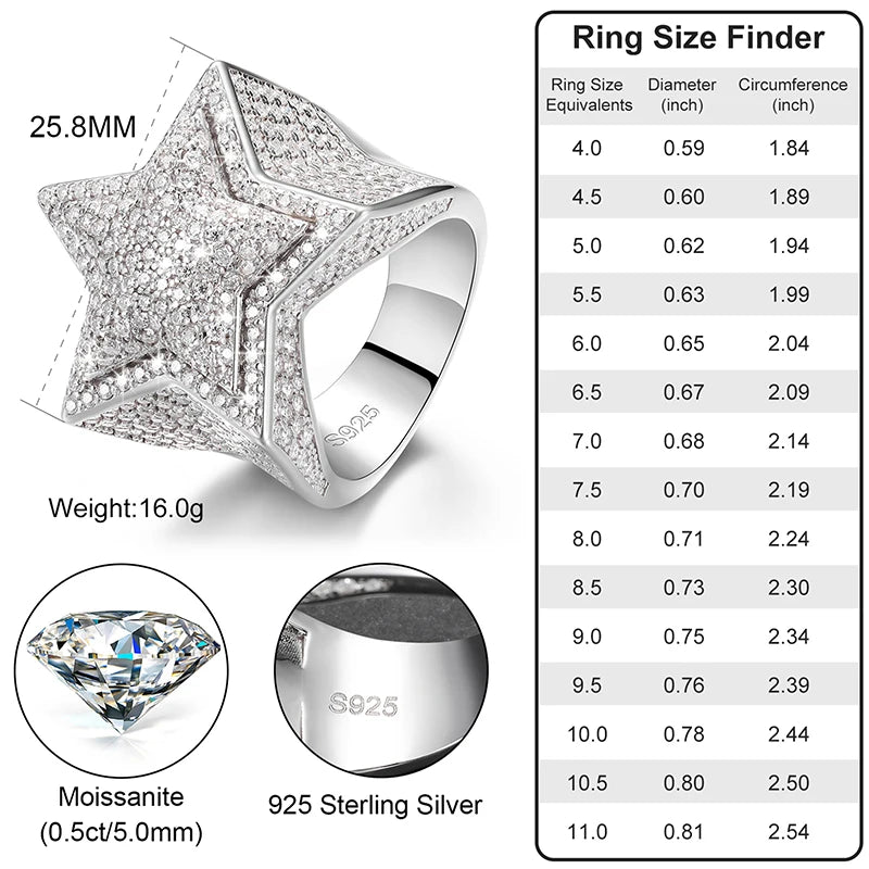 Moissanite Star Ring – D VVS Five-Star Design | S925 Sterling Silver Luxury Hip Hop Jewelry for Men & Women
