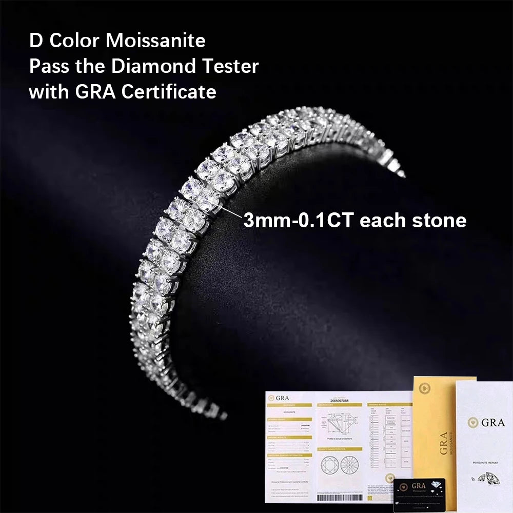 Moissanite Tennis Bracelet – Full 3mm Double Row Certified Diamond Hip Hop Hand Chain Gift | 925 Sterling Silver Jewelry for Women & Men