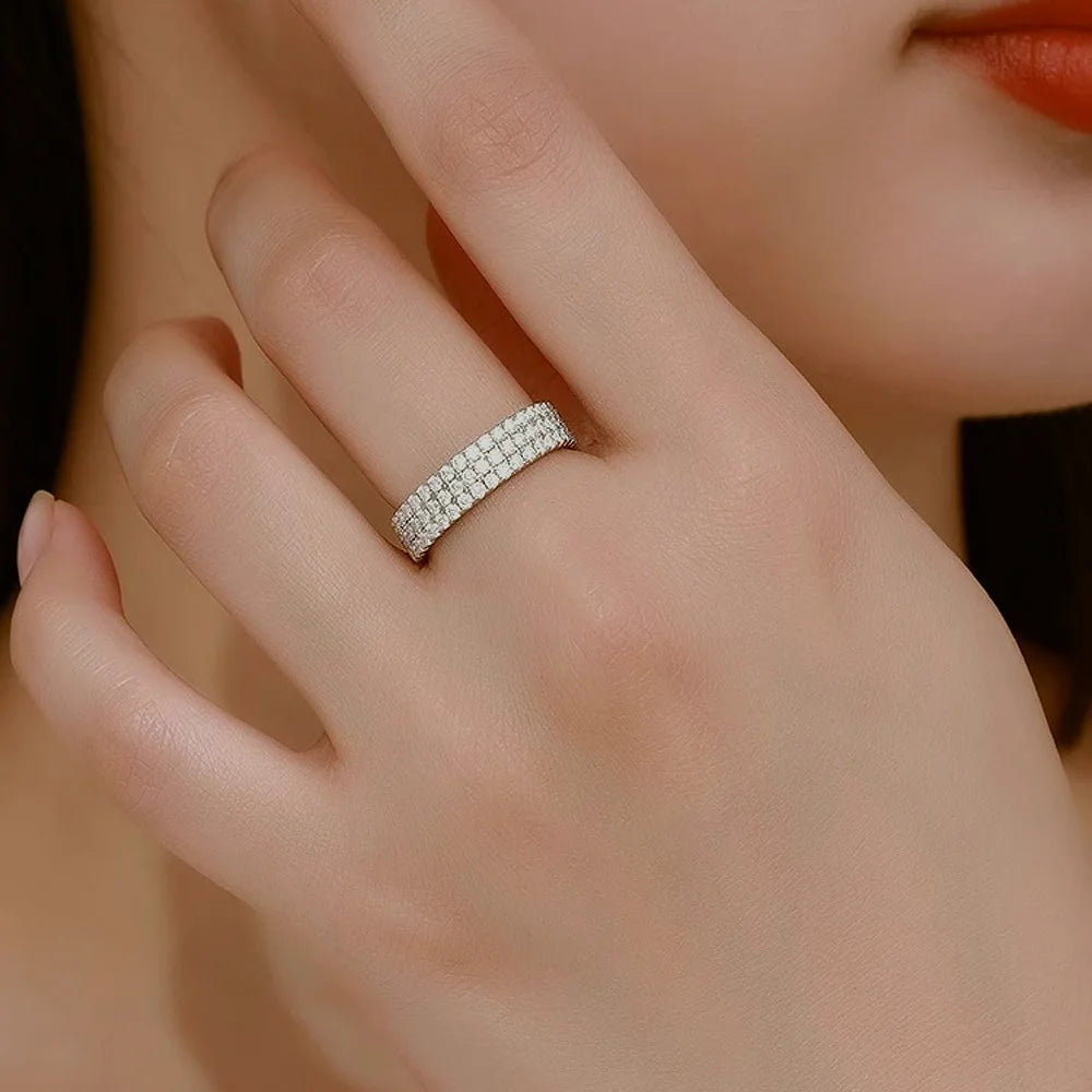 Moissanite Ring – 3 Rows Sparkling Hip Hop Design | 925 Sterling Silver Party Jewelry for Men & Women