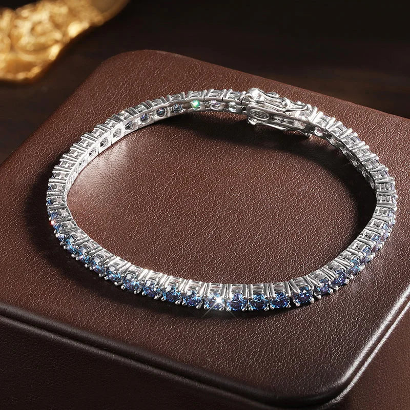 Moissanite Tennis Bracelet – 3mm 4mm Blue Lab Grown Diamond with Certificate | 925 Sterling Silver 18K Gold Plated Bracelet for Women & Men