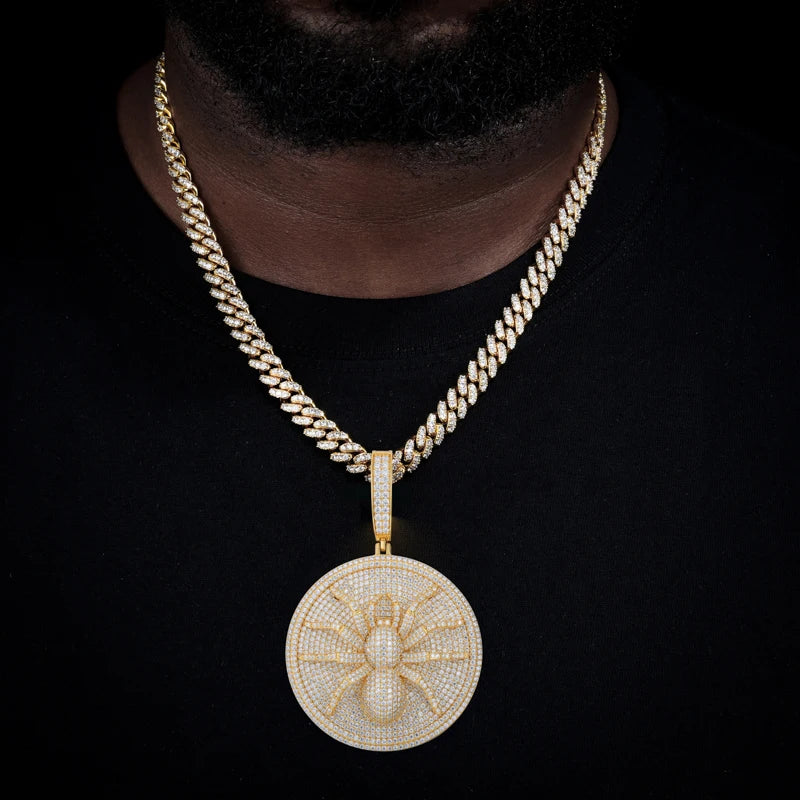 Moissanite Spider Pendant Necklace – Iced Out Round Charm Design | 925 Sterling Silver Hip Hop Jewelry for Men, Passed Diamond Test