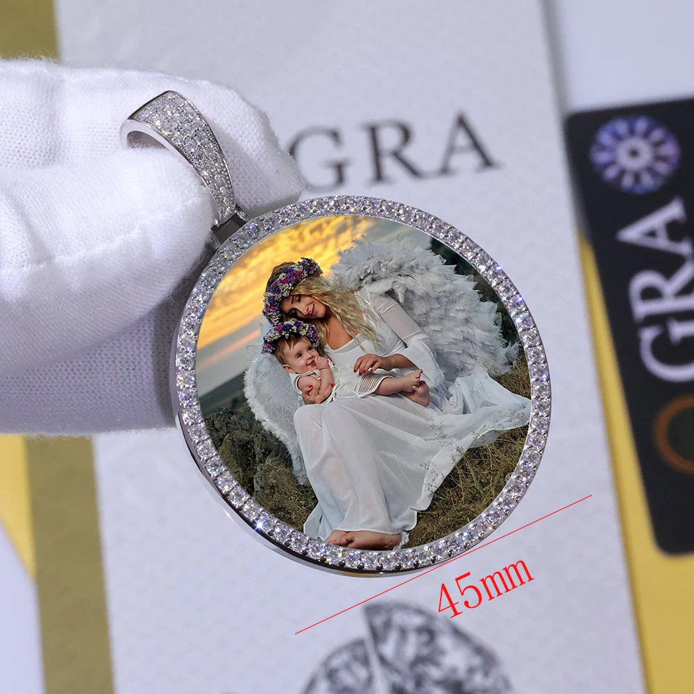 Moissanite Photo Pendant – Custom Circle Picture Chain | 925 Sterling Silver Hip Hop D Color VVS Diamond Pendant Necklace for Men & Women