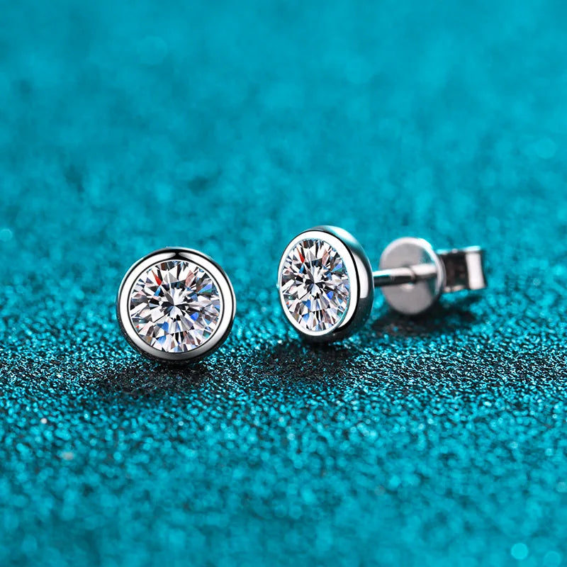 Moissanite Stud Earrings – 0.3ct 0.5ct 1ct Round Cut Bezel Design | 925 Sterling Silver Jewelry for Women