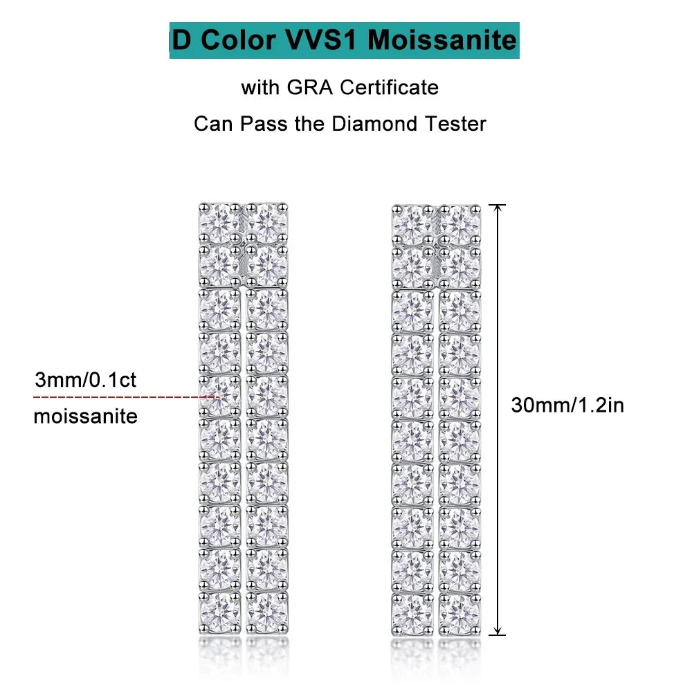 Moissanite Drop Earrings – 4CTW 3mm Double Row Long Tassel Dangle Earrings | 925 Sterling Silver Jewelry for Women