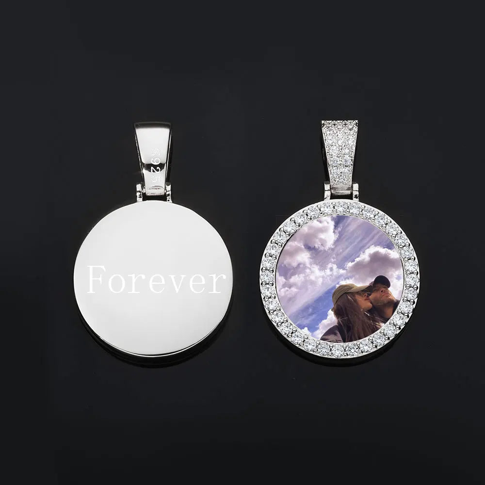Moissanite Custom Photo Pendant Necklace – Circle Memory Medallion | 925 Sterling Silver Personalized Picture Chain for Men