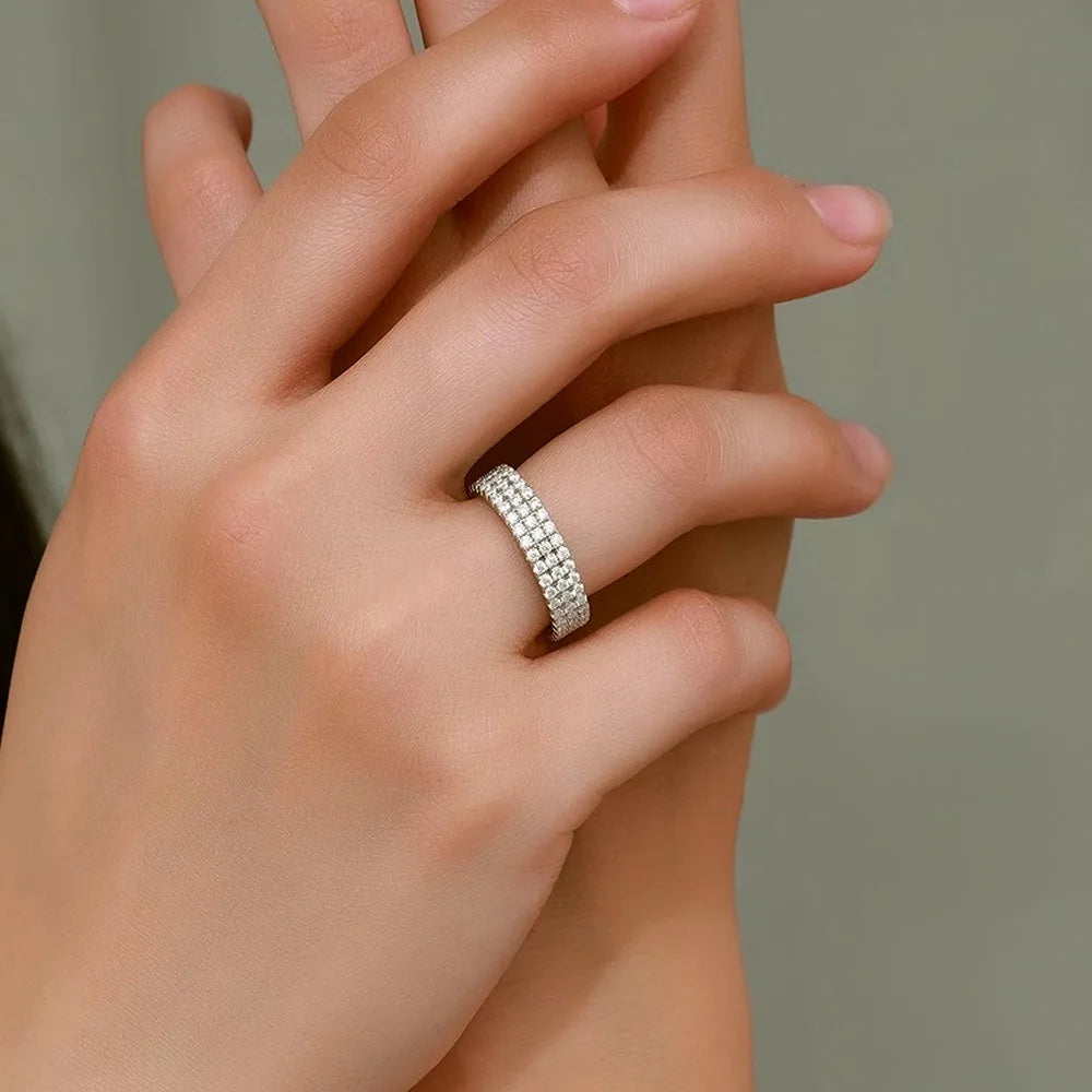 Moissanite Ring – 3 Rows Sparkling Hip Hop Design | 925 Sterling Silver Party Jewelry for Men & Women