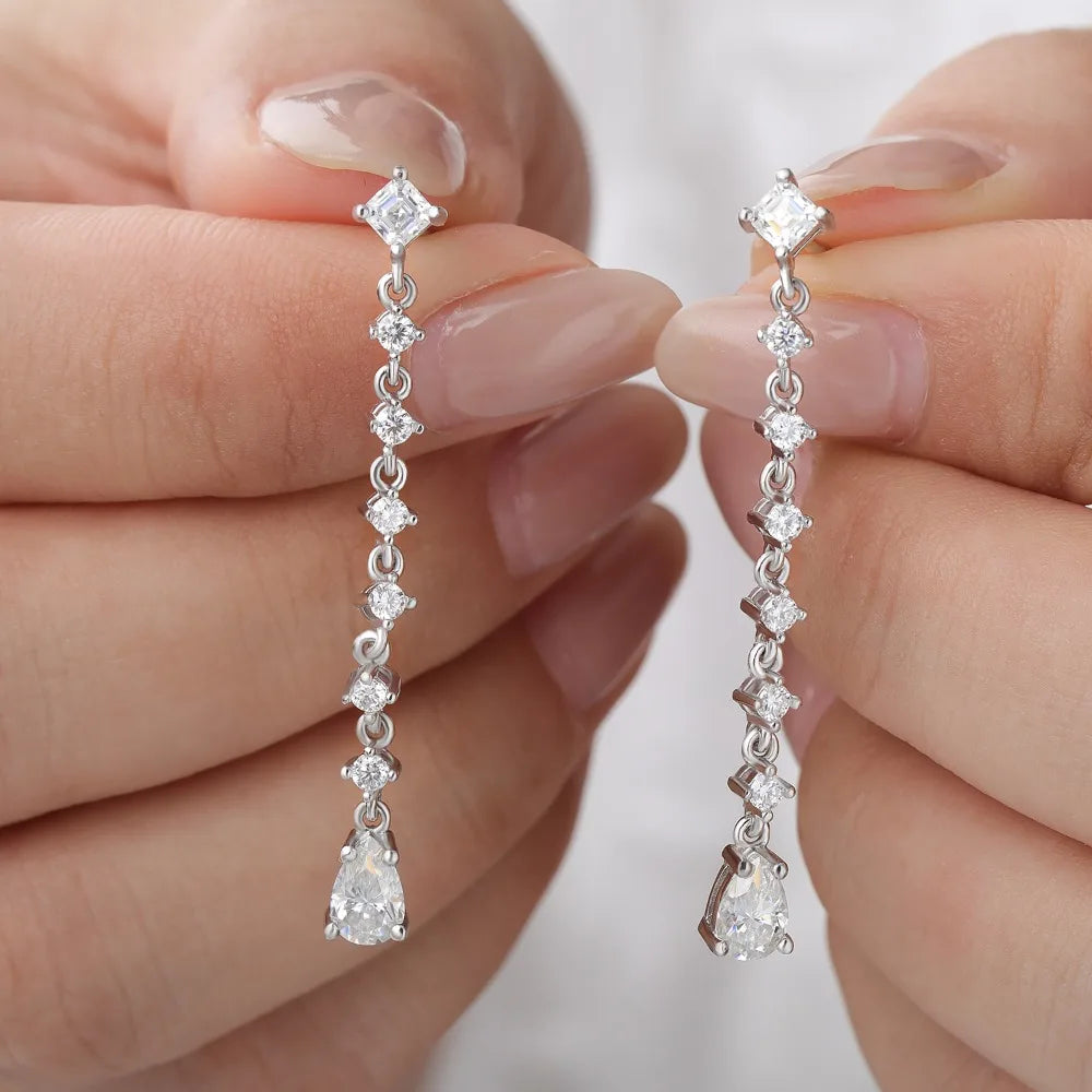 Moissanite Drop Earrings – Pear Cut Lab Diamond Bridal Wedding Jewelry with GRA | 925 Sterling Silver Long Hanging Earrings for Women