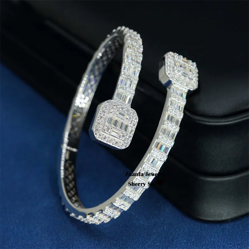 Moissanite Cuff Bracelet – D Color Baguette Design Iced Out | S925 Sterling Silver High Quality Hip Hop Jewelry
