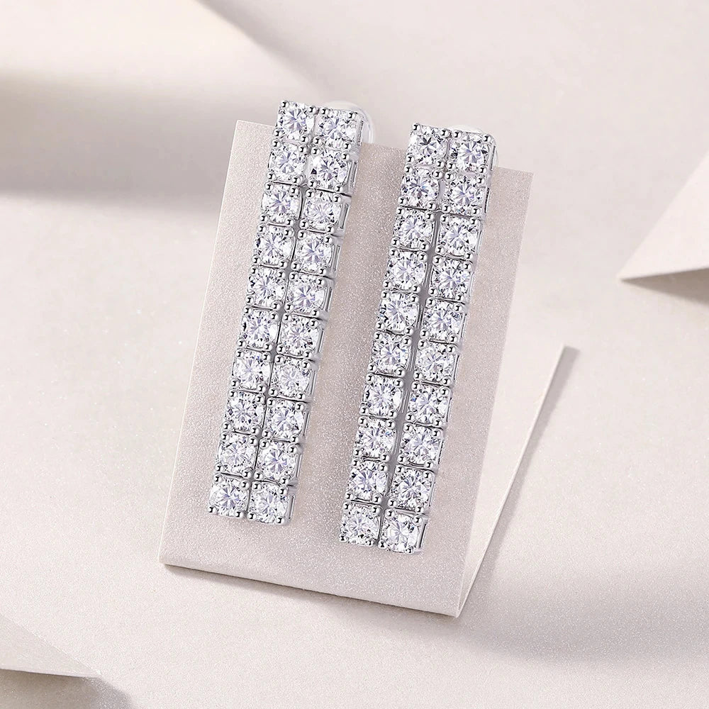 Moissanite Drop Earrings – 4CTW 3mm Double Row Long Tassel Dangle Earrings | 925 Sterling Silver Jewelry for Women