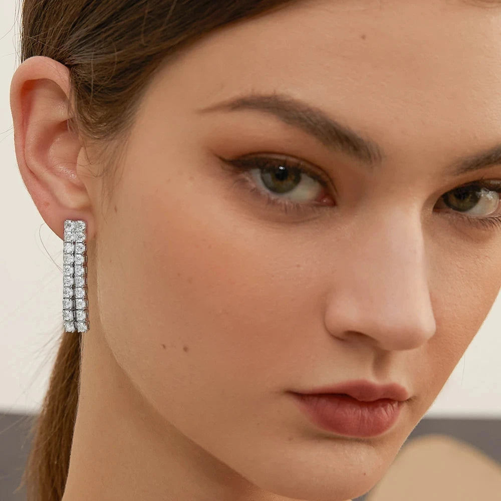 Moissanite Drop Earrings – 4CTW 3mm Double Row Long Tassel Dangle Earrings | 925 Sterling Silver Jewelry for Women