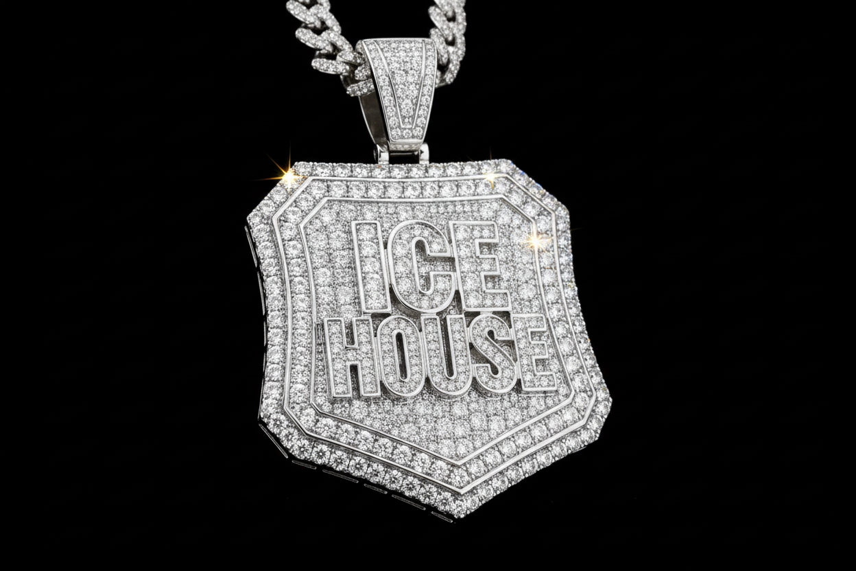 A diamond mens pendant that says Ice House.