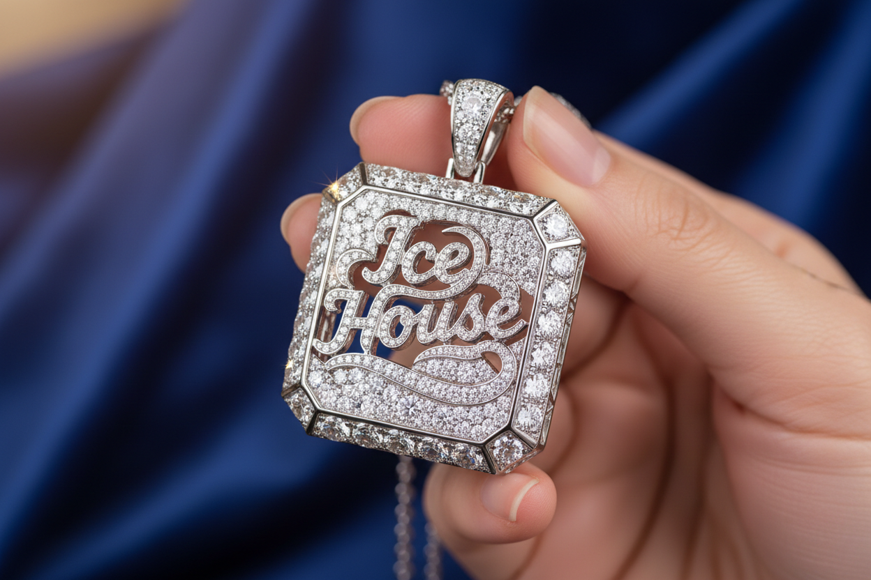 A diamond pendant that says "Ice House" in someones hand
